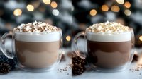 Layered hot chocolate drinks with whipped cream and cocoa powder in glass mugs against blurred bokeh lights, perfect for beverage, cafe, and winter holiday marketing materials.