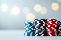 Colorful casino poker chips stacked on table with soft bokeh lights background for gambling entertainment and gaming concepts.