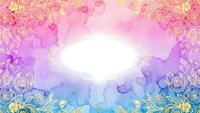 Watercolor floral frame with golden roses on gradient pink purple blue background for wedding invitations and romantic designs.