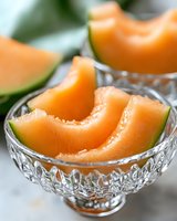 Fresh cantaloupe melon slices served in crystal glass bowl, close up view showing juicy orange flesh and green rind. Healthy summer fruit dessert.