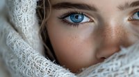 Close up portrait of young woman with bright blue eyes and freckles wrapped in white lace fabric, creating mysterious and romantic atmosphere. Perfect for beauty and fashion.