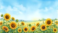 Watercolor sunflower field landscape with bright yellow blooms under blue sky. Hand drawn floral meadow scene for greeting cards, wall art, and nature designs.