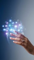 Hand reaching toward floating social media icons with glowing effects on gradient background for digital marketing and online engagement concepts.