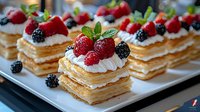 Delicate puff pastry squares layered with whipped cream, fresh raspberries, blackberries and mint leaves arranged on white serving plate. Elegant dessert presentation.