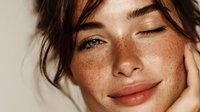 Young woman with freckles and natural makeup touching face in soft lighting for skincare and beauty concepts.
