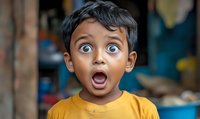 Young boy in yellow t-shirt with shocked surprised expression, wide open mouth and big blue eyes showing genuine amazement and wonder. Perfect for emotional concepts.