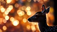 Young spotted deer fawn silhouette against warm golden bokeh lights background creating magical wildlife atmosphere for nature photography and design projects.