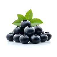 Fresh ripe blueberries with green leaves isolated on white background, macro shot showing texture and natural shine of berries for food packaging design.