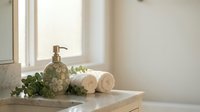Spa bathroom counter with rolled towels, decorative soap dispenser and eucalyptus branch in natural sunlight for wellness and self-care concepts.