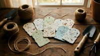 Handmade paper sheets with natural fibers and speckles arranged on wooden surface surrounded by twine spools and crafting tools for artisan paper making and DIY projects.