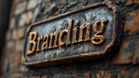Vintage metallic branding sign on weathered brick wall with shallow depth of field, showcasing rustic typography in warm copper tones against textured background.