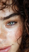 Close-up portrait showing bright blue eye, natural freckles, and curly dark hair falling across face. Soft natural lighting highlights youthful skin texture and features.