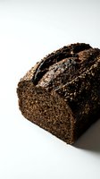 Fresh baked dark rye bread loaf with seeds on white background, artisan bakery product for healthy eating and organic food concepts.