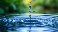 Water drops falling into calm surface creating concentric ripple circles with splash droplets suspended in air against blurred green nature background.