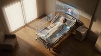 Patient lying in hospital bed with advanced medical monitoring equipment and digital display screen showing vital signs in modern clinical room with natural light from window.