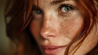 Close-up portrait of young Caucasian woman with freckles and green eyes. Natural beauty concept for skincare, cosmetics and wellness campaigns.