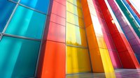 Vibrant multicolored architectural panels in diagonal composition create modern geometric pattern with turquoise, orange, yellow and red tones against glass surface.