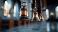 Antique brass bells hanging in row with ornate details against blurred church interior background with stained glass windows creating atmospheric lighting.