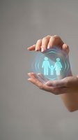 Protective hands surrounding glowing family icon symbolizing life insurance, healthcare coverage, and financial security for loved ones.