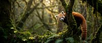 Red panda resting on moss-covered tree branch in lush forest habitat. Wildlife conservation and endangered species protection concept for nature photography.