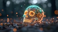 Glowing neon skull with intricate patterns and orange light effects against dark background with bokeh lights, creating mystical atmospheric composition.