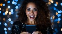 Young mixed race woman with curly hair laughing while holding smartphone against blurred bokeh lights background, expressing joy and excitement.