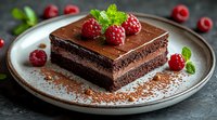 Chocolate layer cake slice with fresh raspberries and mint garnish on ceramic plate. Rich dark ganache frosting dusted with cocoa powder creates decadent dessert presentation.