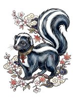 Skunk with raised tail surrounded by delicate florals and ornamental swirls, isolated on white background for design projects and merchandise applications.