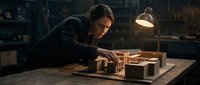 A young male architect or designer of Middle Eastern descent examines an architectural model on a wooden desk under warm lamp lighting in a dark studio workspace.