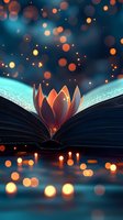 Glowing lotus flower emerges from open book pages against dark background with magical bokeh lights and reflections, creating mystical reading atmosphere.