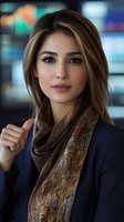 Professional woman with long brown hair wearing navy blazer and patterned silk scarf looking confidently at camera against blurred office background.