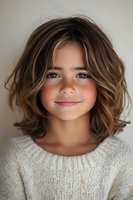 Young Hispanic girl with wavy brown hair and natural makeup wearing cream knit sweater smiles warmly at camera against neutral background.