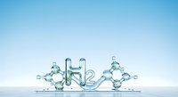 H2 molecule formed by water droplets and splashes against clear blue sky background, representing hydrogen gas, chemistry, and molecular structure for scientific and educational use.