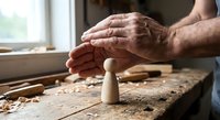 Skilled craftsman hands protecting wooden chess piece on workbench with wood shavings. Traditional woodworking and handmade craftsmanship concept.