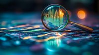 Magnifying glass revealing financial charts and market data analysis with glowing graphs reflected on blurred digital surface in blue and orange tones.