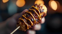 Grilled corn dog coated with caramel sauce and chocolate drizzle on wooden stick against blurred bokeh lights background, close up view of street food dessert.