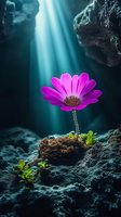 Vibrant pink daisy growing from rocky soil illuminated by ethereal blue light rays, symbolizing hope, resilience and new beginnings in challenging environments.