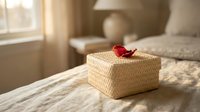 Wicker gift box with red ribbon on bed in sunlit bedroom interior for special occasions and romantic surprises.