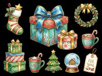 Watercolor Christmas clipart set with gifts, stockings, wreath, tree, mugs, and snow globe, isolated on transparent background, ready for stickers, T-shirts, and print on demand.