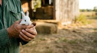 Farmer in green jacket holding white rabbit in hands on rural farm with barn and countryside background.