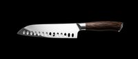 Santoku knife with hollow edge blade and dark wood handle, isolated on transparent background, ready for clipart, t-shirt design, print-on-demand, and sublimation projects.
