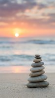 Zen stone stack on beach at sunset with soft waves and golden sky creating peaceful meditation atmosphere for wellness and mindfulness concepts.