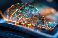 Delicate skeleton leaf with glowing golden veins against blurred blue background, showcasing intricate natural patterns in macro photography.