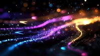 Vibrant light trails with bokeh effect creating abstract waves in blue, purple, and golden colors against dark background, glowing magical atmosphere.