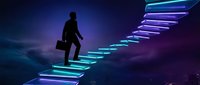 Silhouette of businessman climbing glowing neon staircase against purple sky, carrying briefcase, representing career growth and success in business and technology.
