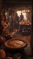 Freshly baked pumpkin pie in rustic kitchen with blurred silhouettes of people gathering around candlelit harvest table in background.