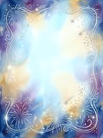 Watercolor celebration frame with fireworks, ornamental swirls, and stars on gradient background. Isolated design element ready for invitations, greeting cards, posters, and festive event materials.