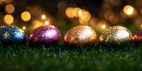 Glittering Easter eggs lined up on fresh spring grass with soft golden bokeh lights creating magical holiday atmosphere. Festive decorative background.