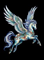 Ornate flying pegasus with blue wings and intricate decorative patterns, isolated on transparent background, ready for t-shirts, stickers, and print on demand.