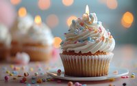 Birthday cupcake with vanilla frosting swirl topped with colorful sprinkles and lit candle against blurred bokeh lights background on white plate.